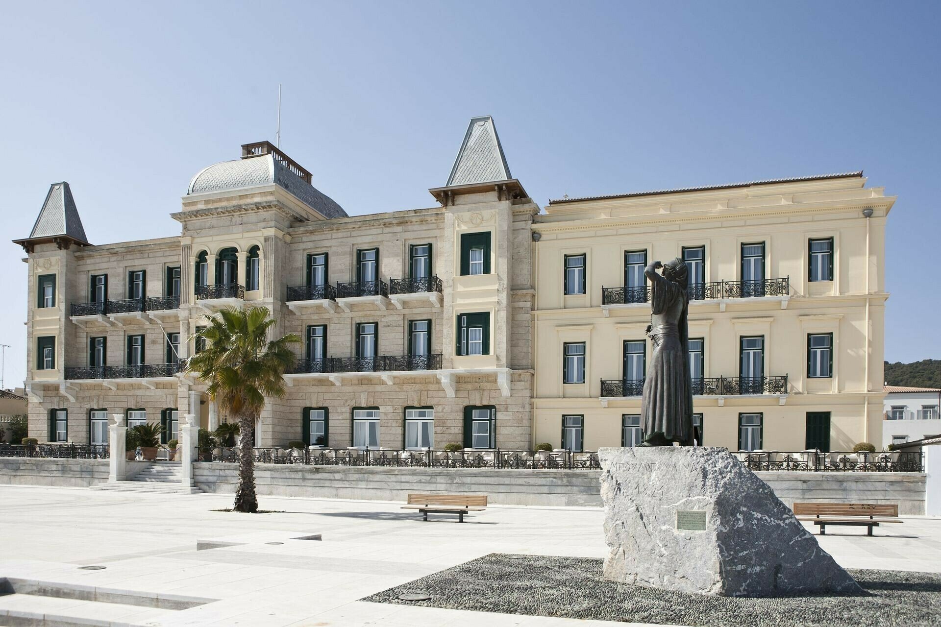 The façade of the Poseidonion Grand Hotel on the Spetses waterfront